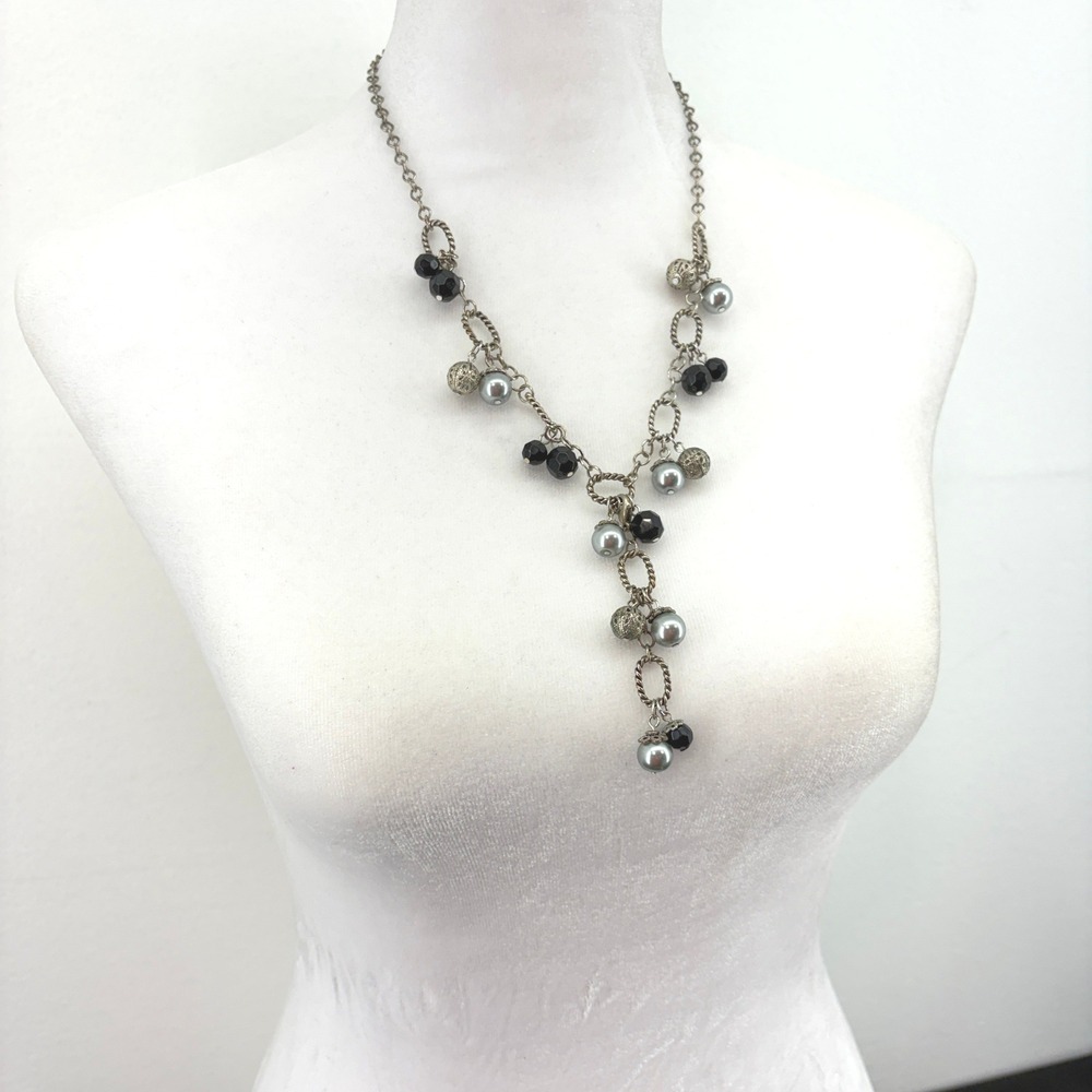 Silver Tone Y‎ Necklace Black Gray Pearl Cluster Beads Dangle Chandelier Bold